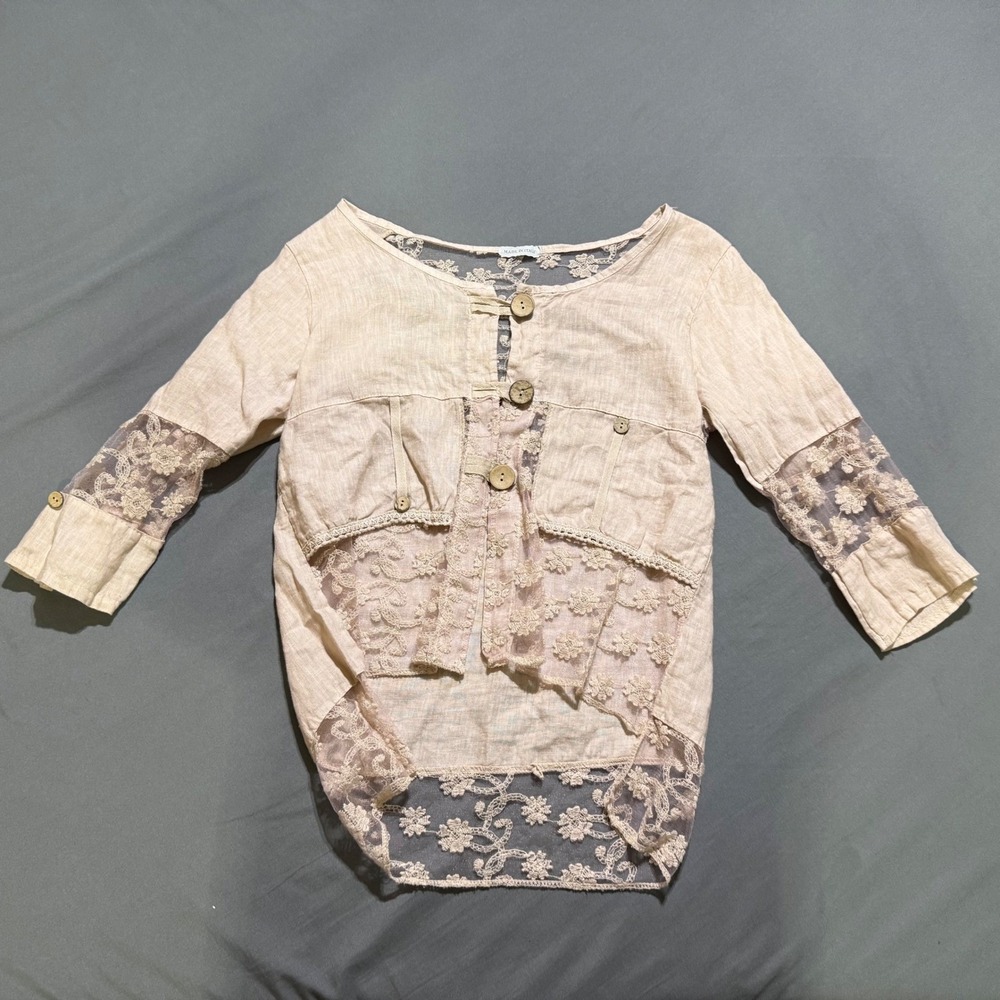 ANGELICA Italy Linen Lace Top Women Small Beige Floral Lagenlook Boho Button Up